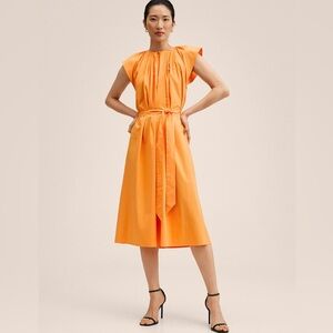 NWT Mango Orange Cotton Poplin Bow Pleated Midi Dress Sz L